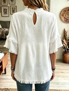 SHEIN LUNE Women's Elegant Fashion Commuter Casual Comfortable Charming Retro Minimalist Romantic Holiday Home Daily Spring/Summer Round Neck Short Sleeve Solid Color Fringe Trim Blouse - Apricot - View 2