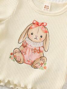 Cozy Pixies Bộ đồ 2 món cho bé gái: Áo thun cổ tròn tay ngắn và quần cạp chun in hình động vật hoạt hình, chất liệu mềm mại. - Màu be - Xem 3