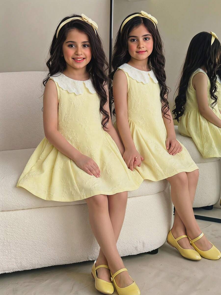 Souflis Souflis Young Girl Elegant Colorblock Jacquard Sleeveless Dress, Summer - Yellow - View 1