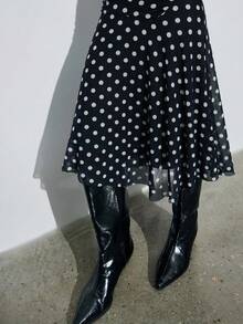 Maija 女士黑白波点半透明喇叭下摆中长连衣裙，圆领短袖A字裙摆，夏季复古茶会休闲母亲节装扮 - 黑色 - 查看 6