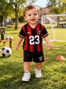 SHEIN 2pcs Baby Boy Summer Casual Sports Set Black Gym Streetwear 23 Number Print V-Neck Short Sleeve T-Shirt And Shorts Infant Toddler Jersey Clothes 6M-3T - Multicolor - View 7