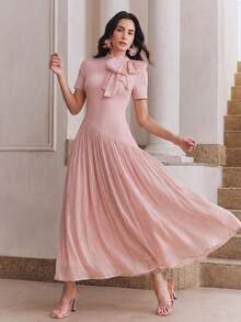 Anewsta Đầm ngắn tay màu hồng thanh lịch dành cho nữ, chất liệu dệt ghép, kiểu nơ thắt cổ. - Hồng - Xem 4