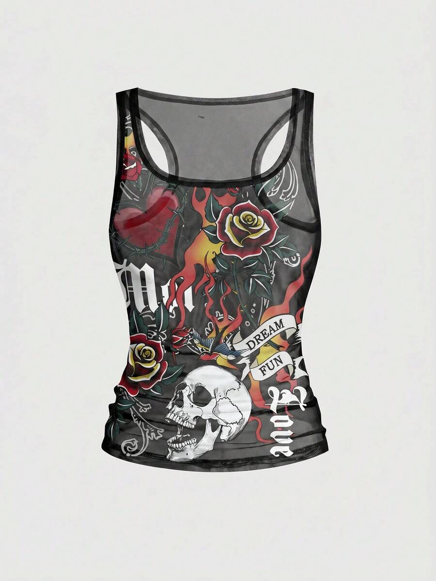 ROMWE Grunge Punk Áo hai dây gợi cảm cổ thấp bằng vải lưới xuyên thấu họa tiết đầu lâu và hoa hồng phong cách Punk dành cho nữ. - màu đen - Xem 1