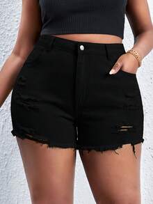 SHEIN SXY Pantalones cortos vaqueros de verano informales con unicolor, deshilachados y rotos, con presillas para cinturón, talla grande - Negro - Ver 3