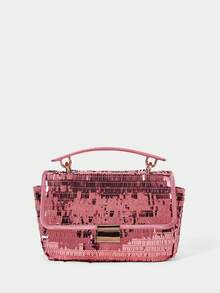 SHECARRY Women's Fashion Pink Sequined Tote Bag, Exquisite Lock, Classic Flip Square Bag, Suitable For Daily, Dating, Party, Dance, Dress Matching - Champagne powder - View 1