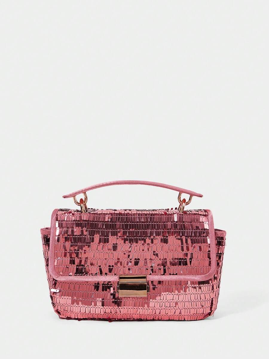 SHECARRY Women's Fashion Pink Sequined Tote Bag, Exquisite Lock, Classic Flip Square Bag, Suitable For Daily, Dating, Party, Dance, Dress Matching - Champagne powder - View 1