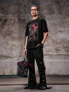 Skyrend Black Tee Shirt Scary Castle Graphicemo Graphic Tee Men - Red - View 3