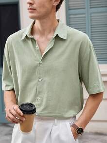 Officeau 男士 100% 純棉綠色短袖襯衫，適合商務休閒/通勤，送給父親/丈夫的禮物 - 綠色 - 查看 7