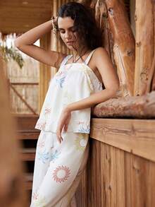 Lullawish Bộ đồ ngủ nữ phong cách Bohemian in họa tiết, thích hợp cho kỳ nghỉ, gồm áo không tay và quần. - trắng - Xem 5