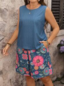 EMERY ROSE Plus Size Women Casual Tank Top & Printed Shorts 2 Pieces Set - Multicolor - View 3