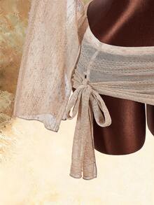 Amplova Romantic Boho New Style Crochet See-Through Asymmetric Shoulder Cover Up Top & Tie-Up Mini Skirt 2-Piece Set For Women - Khaki - View 7