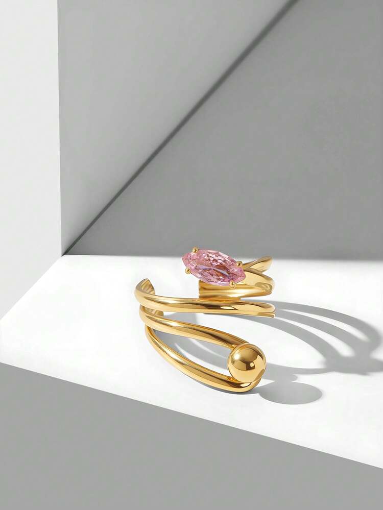 18K GOLD-PLATED LINEAR TWIST PINK GEMSTONE PERSONALIZED RING