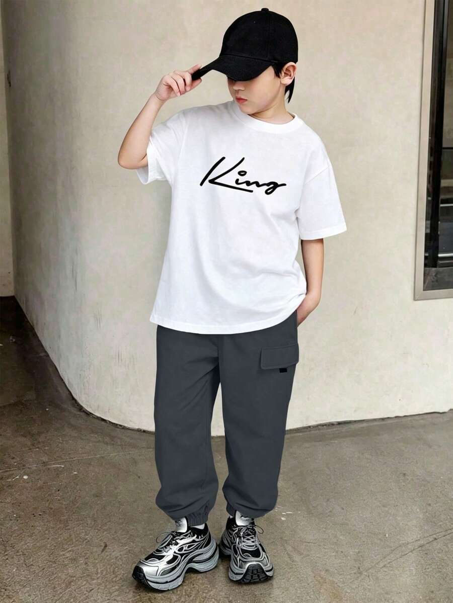 Coolqubz 2pcs Teenager Spring/Summer Casual Round Neck Graphic Tee And Drawstring Pants Set, Comfortable Fabric Suitable For Daily, Commuting, Outdoor Wear - White - View 1