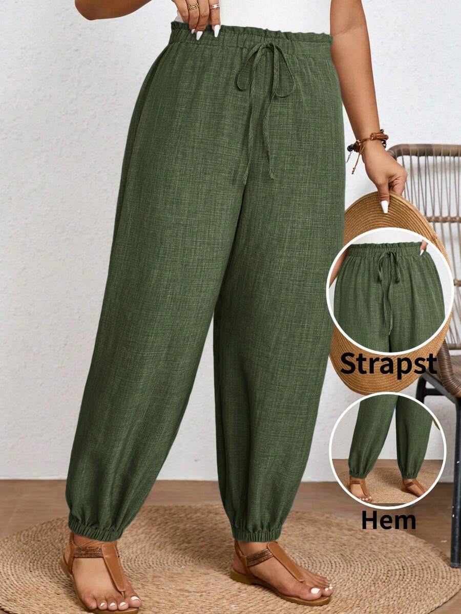 SHEIN Frenchy Summer Vacation Women's Tropical Print Knot Front High Waisted Long Pants - Green - View 1