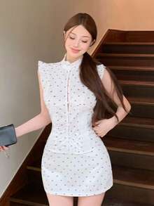 Livesso 2pcs Women Polka Dot Pattern Cap Sleeve Blouse And Mini Skirt Set - White - View 10