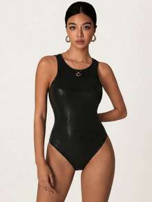 SHEIN BASICS Áo liền thân không tay ôm sát, màu trơn dành cho nữ, cổ tròn, gợi cảm, thích hợp cho mùa hè. - màu đen - Xem 9