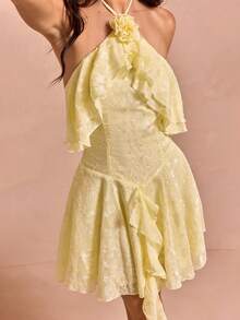 Enchnt Women's Elegant Pale Yellow Summer Halter Neck Dress,3D Floral Decor Ruffle Trim Solid Color Chic Holiday Vacation Outfits,Mother's Day Party - Yellow - View 3