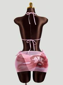 Zestiva Conjunto de bikini con cuello halter y estampado floral con falda con volantes para mujer - Multicolor - Ver 2