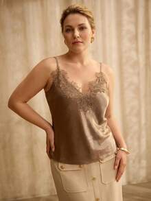 MOTF PREMIUM PLUS SIZE WOMEN'S SPRING/SUMMER SATIN CONTRAST LACE EMBROIDERED CAMISOLE TOP - Brown - View 5