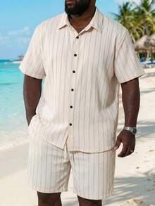 ResortEase Plus Size Men's Jacquard Striped Short Sleeve Shirt And Shorts Set Men Short Sleeve 2 Piece Casual Set Men 2 Piece Set Summer Men Two Piece Set Summer - Khaki - View 3