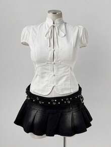 Sunspun Blusa vintage blanca de 100% algodón con volantes, patchwork y cintura ceñida, versátil y de moda en tallas grandes - Blanco - Ver 6