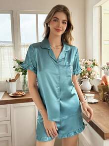 Snug Reverie Set Piyama Wanita Lengan Pendek Berkerah Satin Sutra dengan Bordir dan Rumbai yang Elegan dan Lucu, Warna Teal Turquoise untuk Tidur di Musim Panas - Cadet Blue - View 4