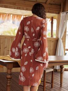 Lullawish Áo choàng nữ in hoa phong cách Bohemian, trang phục mặc nhà thoải mái. - màu nâu - Xem 2