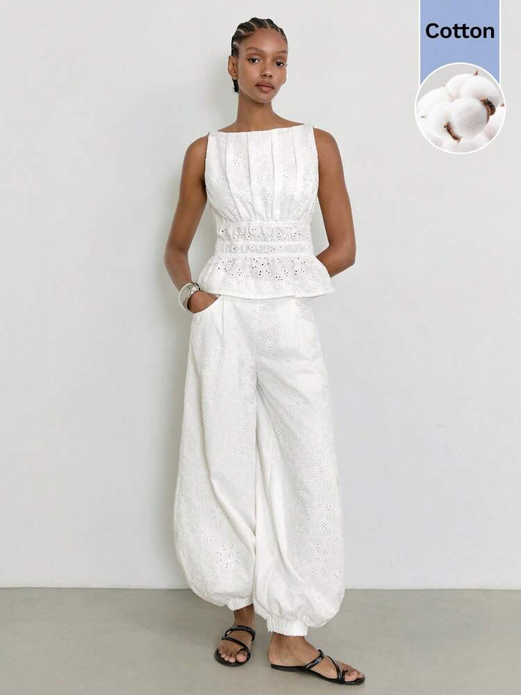 SHEIN Maija Women's Hollow Embroidered Boat Neck Ruffle Hem Casual Tank Top,Going Out Outfits,White Top,Summer Top,Going Out Outfits ,Summer Holiday Outfits