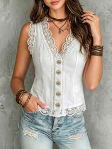 SHEIN LUNE Top elegante retrò con scollo a V, patchwork in pizzo, versatile per il pendolarismo e le vacanze, blazer leggero da donna - Bianco - Visualizzare 8