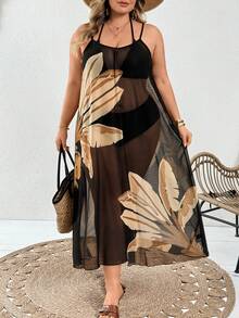 SHEIN CURVE+ 大码女式休闲热带沙滩度假宽松无袖印花长款罩衫 - 黑色 - 查看 6