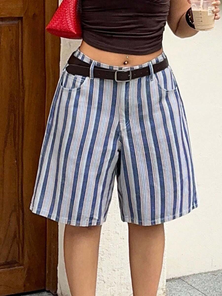 Rivivi Plus Size Women Summer Casual Vacation Daily Commute Contrast Stripe Print Loose Denim Shorts - Multicolor - View 1