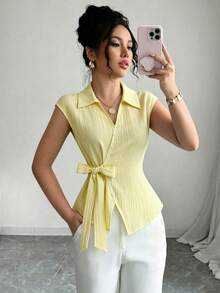 Selianne 新款夏季浅黄色纹理翻领不对称系腰无袖优雅女式衬衫 - 彩色 - 查看 2