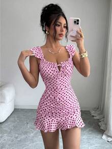 BamGleam Women's Polka Dot Print Tie Front Ruffle Hem Dress - Pink - View 6