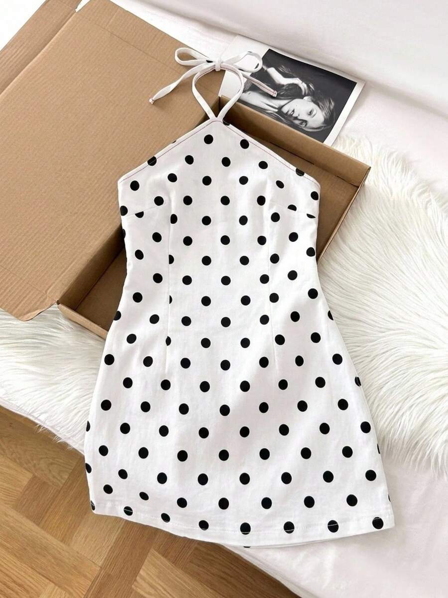 SHEIN MOD 女士波点印花露背吊带迷你牛仔连衣裙