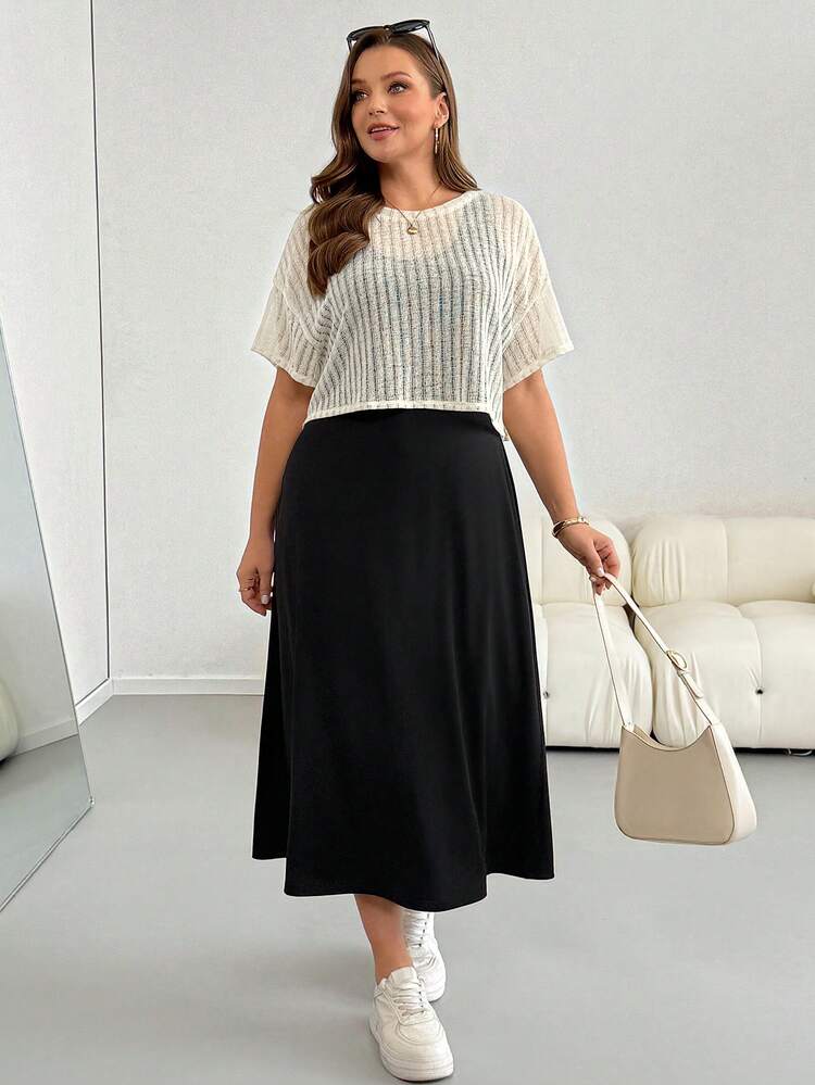 SHEIN Essnce 大码女装春夏时尚休闲宽松弹力舒适日常百搭显瘦杏色薄纱短袖罩衫搭配黑色马甲长裙两件套，机场穿搭，简约风格，欧式夏季 - 杏色 - 查看 7