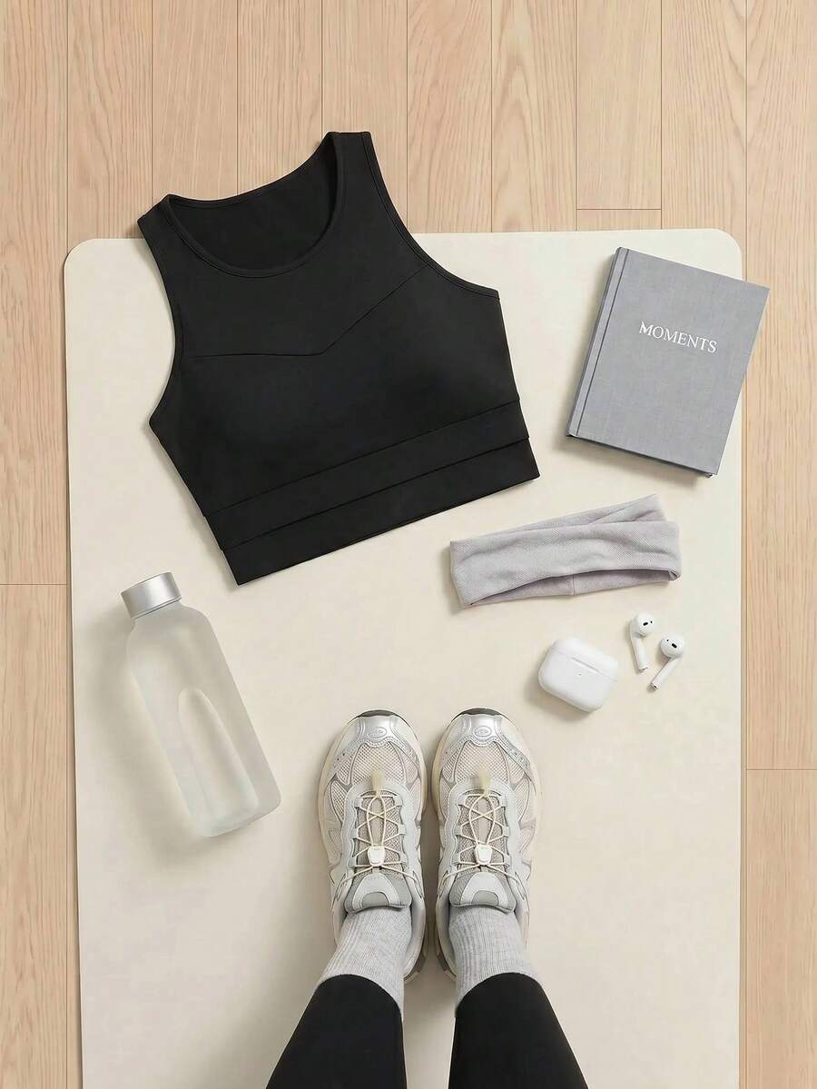 Cheerettes Tank Top Wanita Ukuran Besar Warna Polos Leher Bulat Kasual untuk Kebugaran dan Olahraga - Hitam - View 1