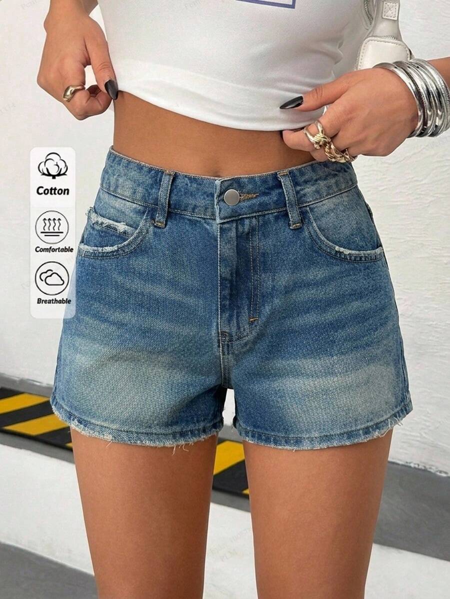 SHEIN 100%纯棉低腰水洗牛仔短裤 - 中等水洗藍 - 查看 1
