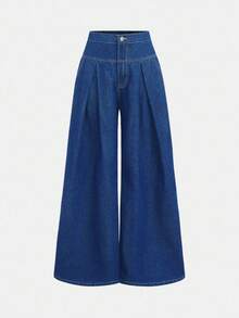 SHEIN Girlism Teen GirlLoose Fit Ruffled Hem Dark Blue Denim Jeans - Medium Wash - View 5