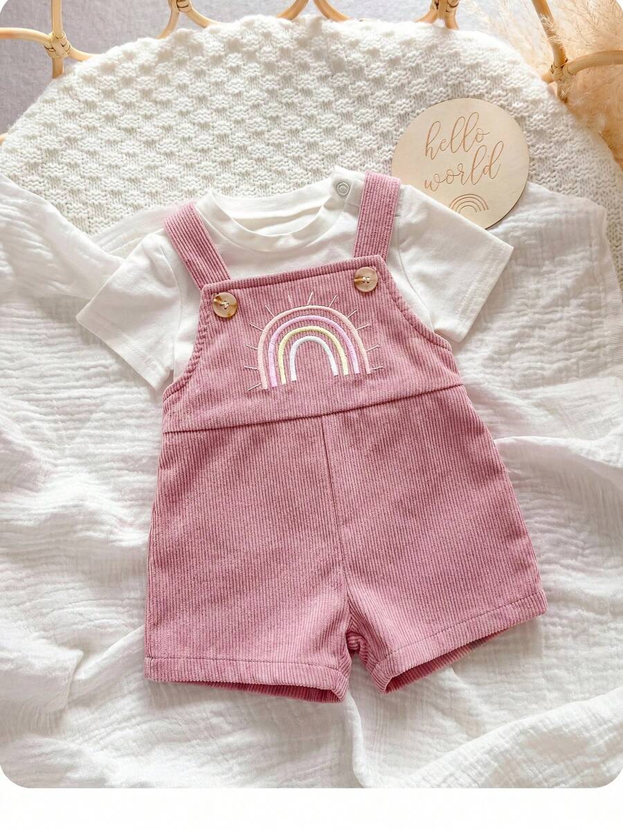 SHEIN Romper Bayi Perempuan Baru Lahir yang Lucu, Serbaguna, dan Kasual dengan Bordir Pelangi Warna Pink - Dusty Pink - View 1