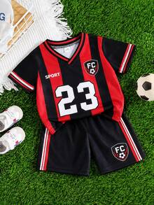 SHEIN 2pcs Baby Boy Summer Casual Sports Set Black Gym Streetwear 23 Number Print V-Neck Short Sleeve T-Shirt And Shorts Infant Toddler Jersey Clothes 6M-3T - Multicolor - View 9