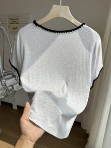 Comfortcana 大尺碼女款復古休閒對比滾邊獨特刺繡T恤，夏季 - 棕色 - 查看 2