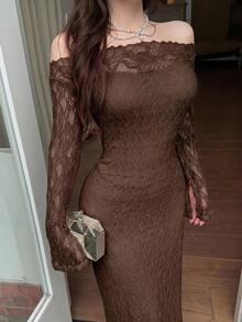 Feyla 女款素色露肩蕾絲拼接優雅長袖洋裝 - 咖啡棕 - 查看 4