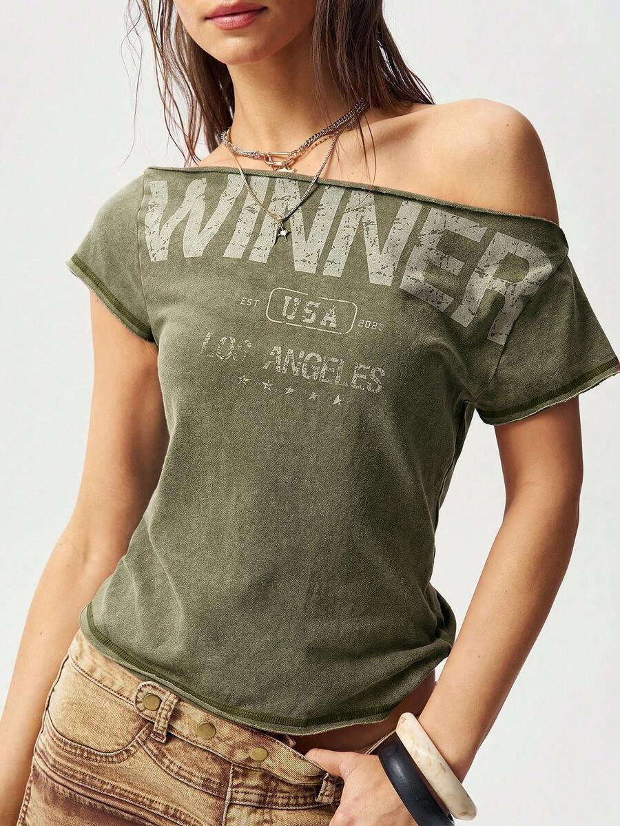 Bohemela Women's Casual Solid Color Knit Boat Neck Short Sleeve T-Shirt,Summer Top - Army Green - View 1