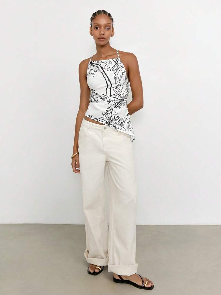 SHEIN Maija Damski top na ramiączkach z nadrukiem palm i dekoltem halter