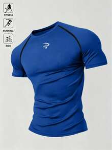 Acti Log 1pc Men's Summer Contrast Stitch Raglan Short Sleeve Compression Sports T-Shirt, Suitable For Fitness, Running, Cycling, Gym, Holiday - Royal Blue - View 3