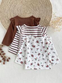 SHEIN Playful Pals 3件套女婴休闲可爱柔软弹力纯色条纹荷叶边长袖上衣，适合秋冬季、度假、日常穿着 - 咖啡棕 - 查看 2