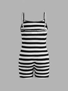 SHEIN 少女休閒日常無袖條紋黑白連身褲 - 黑與白 - 查看 5