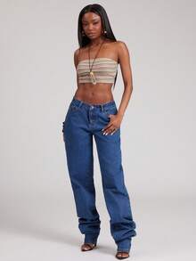 NYA SZN Quần jeans nữ xếp ly có túi, kiểu dáng thường ngày, đa năng. - Rửa trung bình - Xem 6
