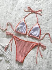 Swim Mod Women's Plaid Jacquard Halter Bikini Set, Spring/Summer - Red - View 3