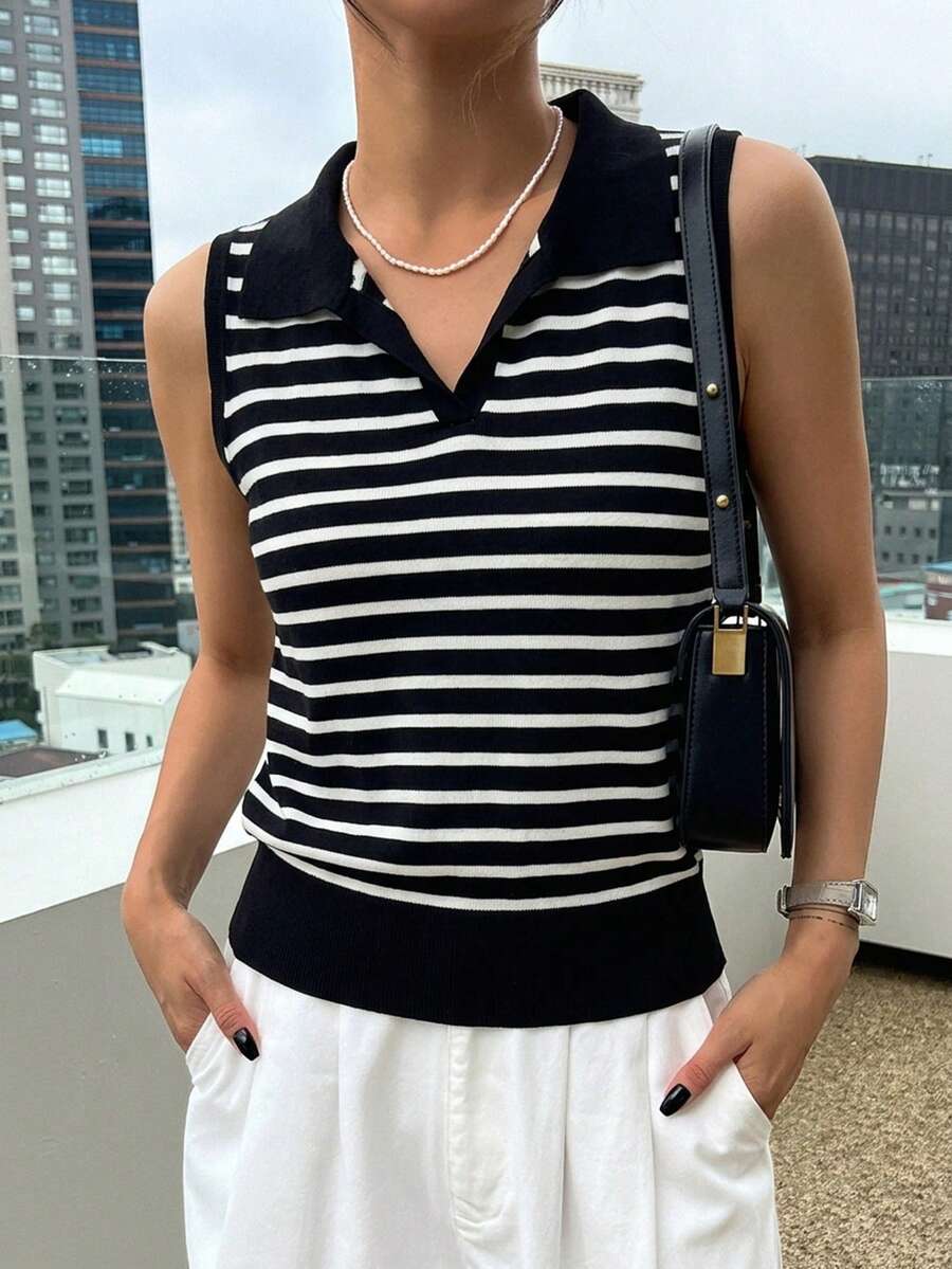 DAZY 女士条纹 Polo 领短袖休闲针织上衣,春夏款 - 黑色 - 查看 1